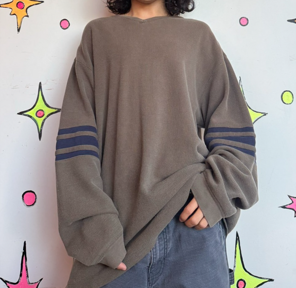 Vintage Y2K Olive Green Striped Sweater Emo Grunge Oversized Skater Pullover L