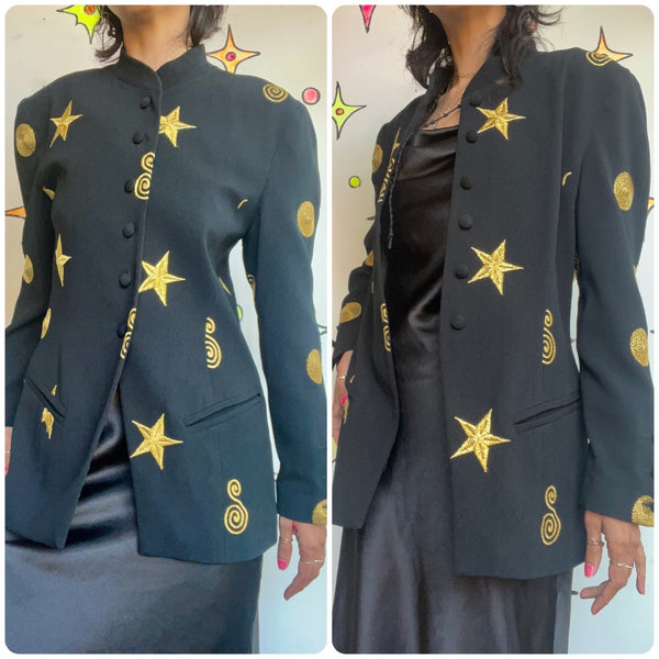 Vintage 80s 90s RARE Wearable Art Black and Gold Embroidered Celestial Blazer 8