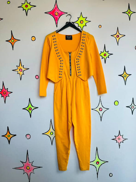 Vintage 80s Bright Yellow Studded Zip-Up Jumpsuit | One Piece Party Outfit | M