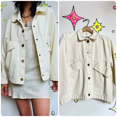 Vintage Light Off-White Denim Chore Coat – Grunge Barber Utility Jacket – Size L