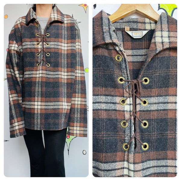 Vintage 60s Rawhide Lacer Brown Plaid Pullover Wool Shirt | Workwear Flannel XL