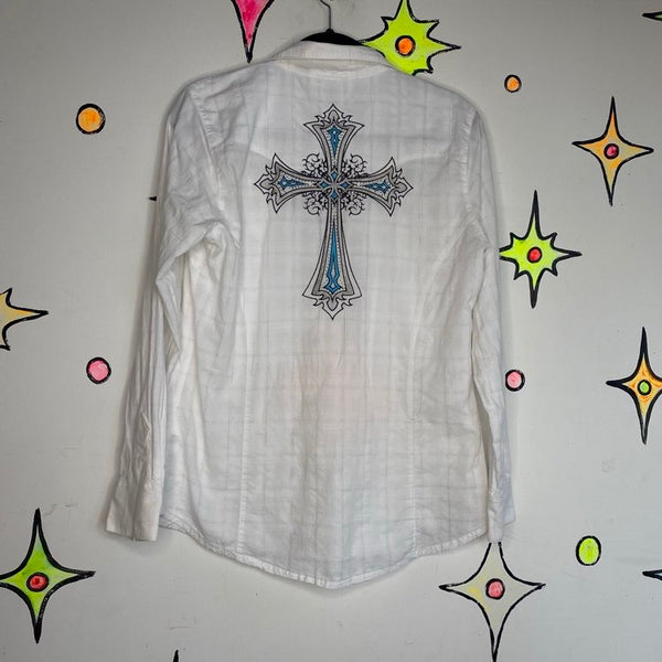 Vintage Y2K White Bedazzled Cross Western Pearl Snap | McBling Cowgirl M