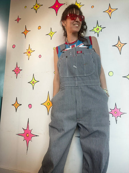 Vintage Dickies Railroad Pinstripe 38x30 Denim Bib Overalls Workwear Grunge XL