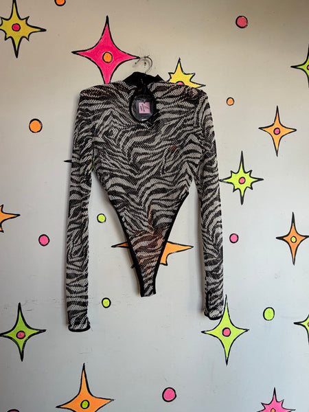 Y2K Sheer Zebra Mesh Bodysuit Cyber Grunge Animal Print | M/L