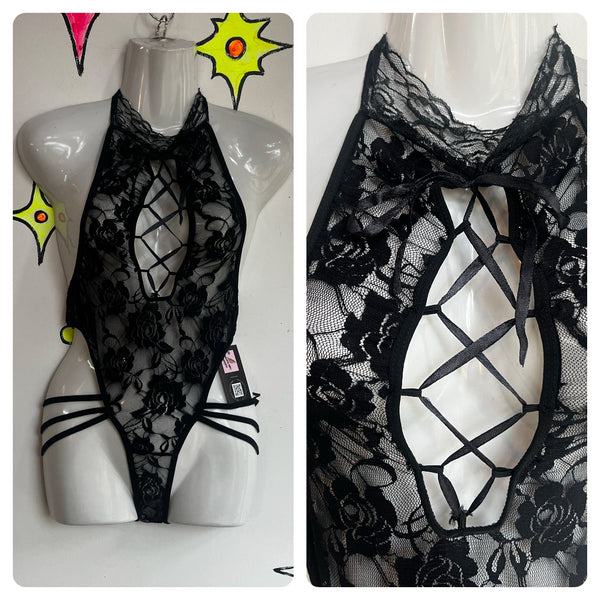 Vintage 90s Y2K | Black Lace Sexy Fairy Goth Teddy Lingerie Bodysuit | One Size