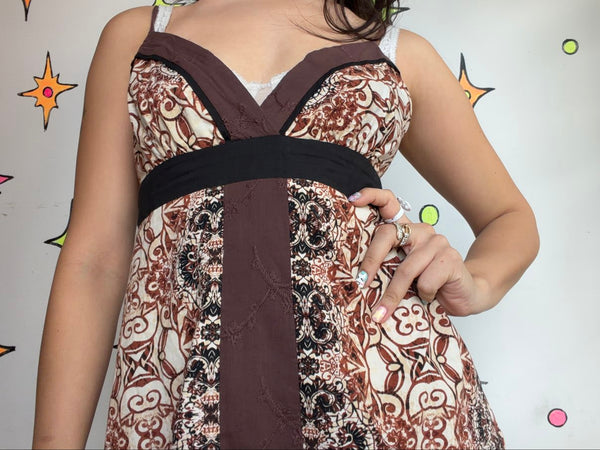 Y2K Boho Grunge Henna Tattoo Print Mini Dress Cotton Festival Dress - SM