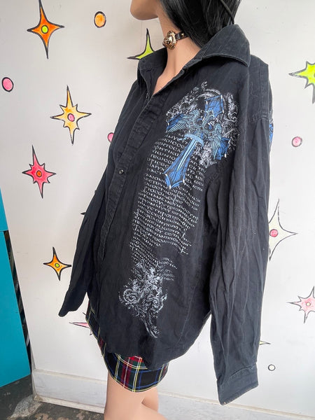 Y2K Affliction Style Tattoo Print Button-Up Black & Blue Graphic Shirt L/XL