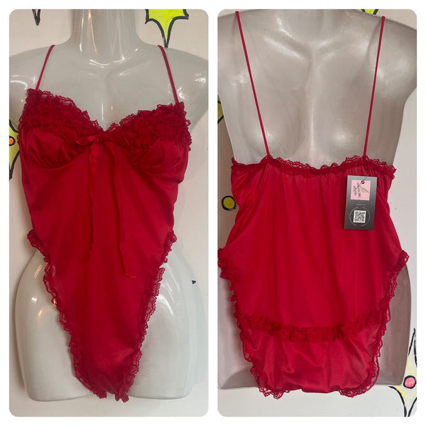Vintage 70s 80s | Red Lacey Babydoll High Cut Teddy Lingerie Bodysuit | S - M