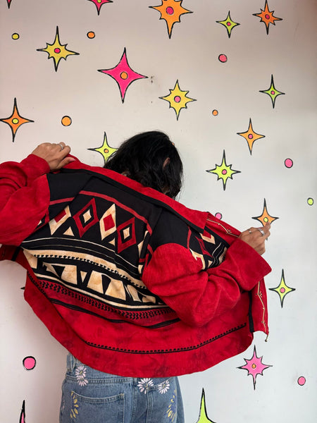 Red Western Blazer 80s Cowboycore Folk Art Jacket Office Siren Glam Statement L