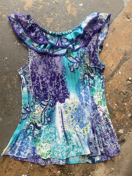 Turquoise Purple Pleated Ruffled Floral Paisley Tattoo Print Whimsy Fairy Top L