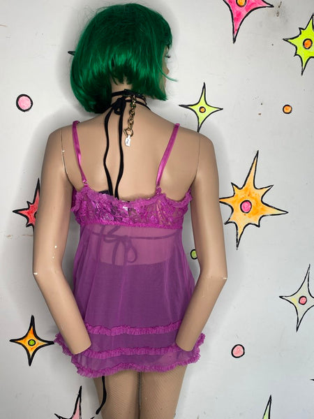 Fuchsia Pink Lace Babydoll Slip Dress Fredericks of Hollywood Y2K L