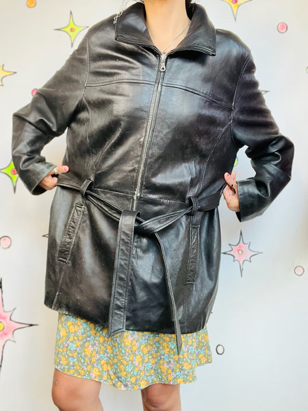 Vintage 90s Thrashed Black Leather Goth Boho Grunge Zip-Up Belted Trench Coat XL