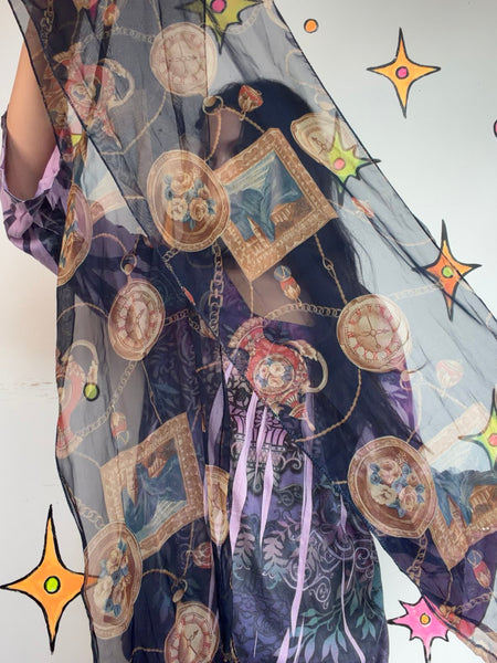Vintage Navy Sheer Art Print Scarf Baroque Clock Print Maximalist Goth Mesh Wrap