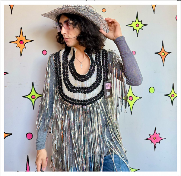 Silver Fringe Cape Disco Cowboy Studio 54 - 70s Showgirl Metallic Cosmic Circus