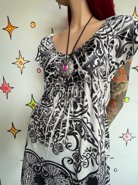 Y2K Black & White Tattoo Graphic Print Tunic Top Fairy Whimsy Goth Grunge L