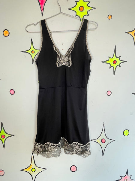 Black Slip Dress w Embroidered Lace – Grunge Lingerie Fairy Goth Party Mini S/M