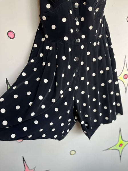 80s Does 50s Black & White Polka Dot Halter Romper Dress Rockabilly Pinup - L/XL