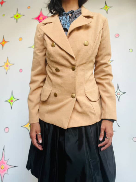 Vintage 70s Tan Polyester Blazer - Dagger Collar Retro Jacket - Size 8