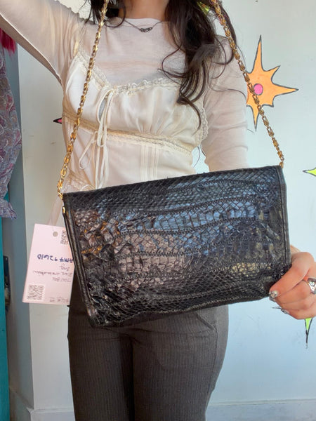 80s Glam Black Snakeskin Shoulder Bag Gold Chain Mob Wife Old Money Purse