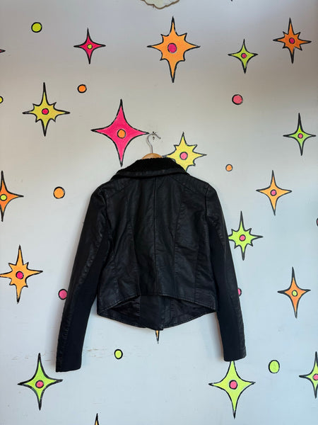 Y2K Vegan Leather Moto Jacket Black Goth Grunge Biker Glam Rocker Cropped M