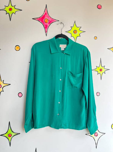 Vintage 80s 90s Emerald Green 100% Silk Blouse | Classic Luxe Shirt | M (8)