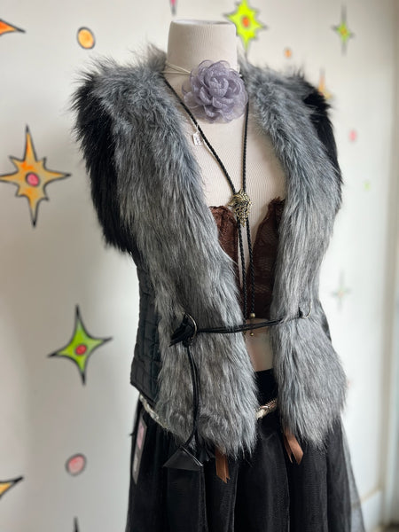 Vintage Y2K Black Vest w Vegan Faux Fur Trim Fairy Grunge Glam | Indie Sleaze S