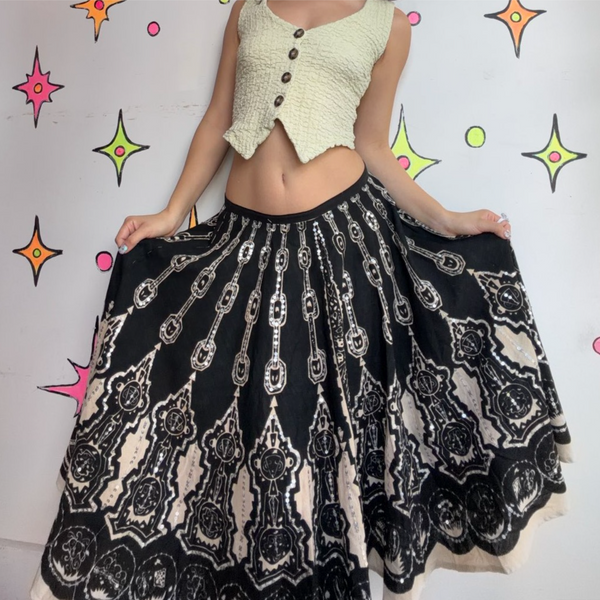 Vintage Cotton Whimsy Goth Circle Skirt Beaded Twirl Skirt Boho Fairy Grunge M