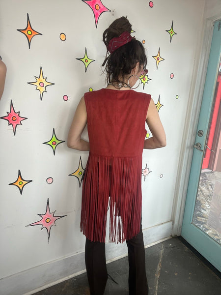 Red Vegan Suede Fringe Vest Western Glam Boho Grunge Festival Vest Cowgirl M