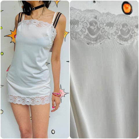 Vintage 1950s 60s | Ivory White Lace Fairy Babydoll Lingerie Slip Dress Small 32