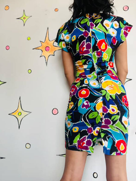 Vintage 80s Rainbow Abstract Art Wear Wrap Dress Boho Grunge w Shoulder Pads 5/6