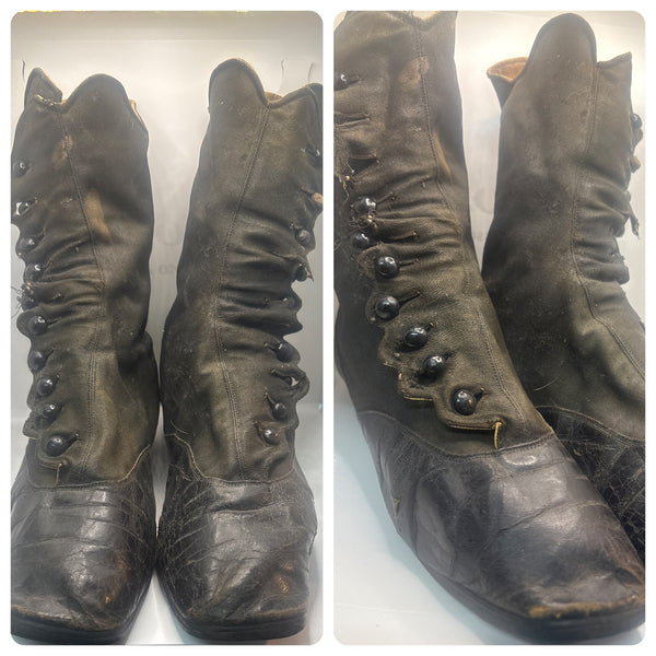 Antique Edwardian Black Leather Button Boots – Early 1900s Victorian | 5–5.5