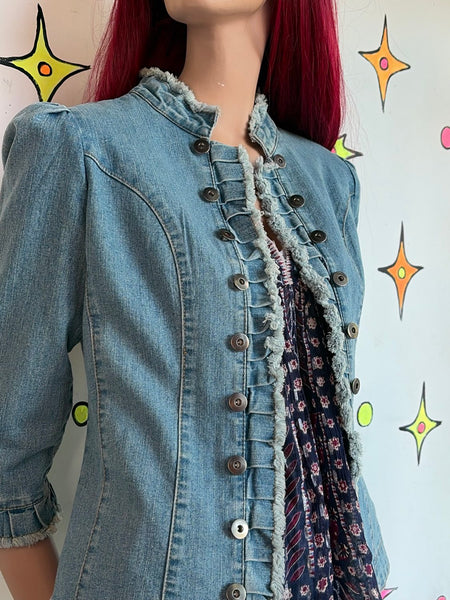 Y2K Denim Military Jacket Soft Grunge Ruffled Utility Blazer Fairy Coquette S
