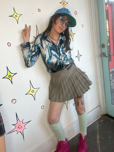Vintage Abstract Teal Pleated Button Up | Y2K Fairy Grunge Wearable Art – M