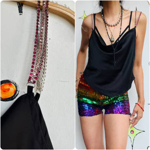 Y2K Black Silky Cami Top - Rhinestone Straps - Asymmetrical Glam Clubwear - M