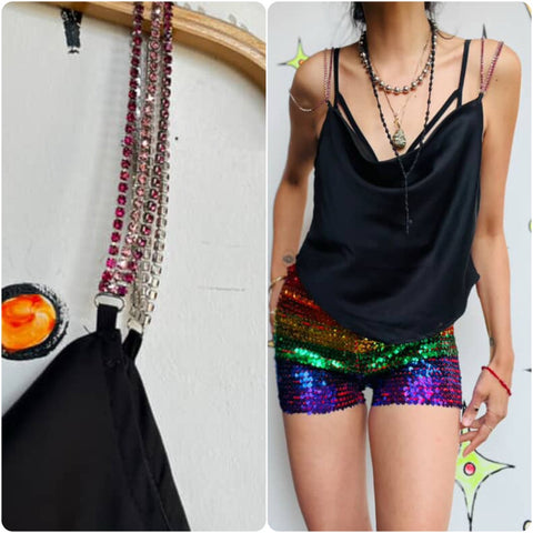Y2K Black Silky Cami Top - Rhinestone Straps - Asymmetrical Glam Clubwear - M