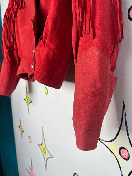 Vintage Red Suede Jacket 80s Cropped Fringe Leather Western Grunge L XL