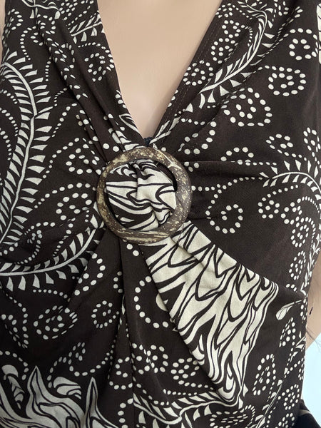 Y2K Paisley Stretch Top 90s Abstract Art Print Earth Tone Boho Fairy Blouse M