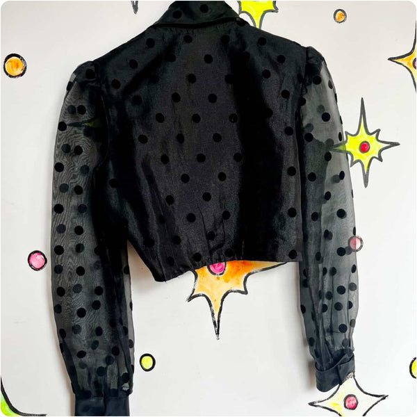 🖤 Vintage 80s Black Polka Dot Whimsy Goth Blazer Top - Sheer Puff Sleeves - S