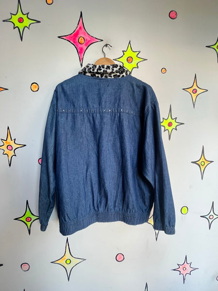 80s Denim Jacket with Leopard Trim | Boho Grunge Studded Jean Jacket – L