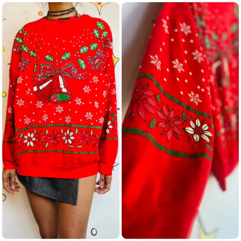 Vintage 80s 90s Ugly Tacky Red Christmas Party Sweater Sweatshirt Puffy Paint M