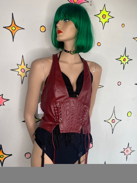 Red Vegan Leather Corset Top Lace Up Siren Y2K Indie Sleaze Western Mall Goth SM