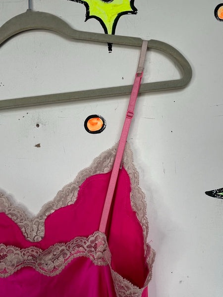 Vintage Victoria’s Secret Hot Pink Satin Slip Dress Lace Babydoll Lingerie – L
