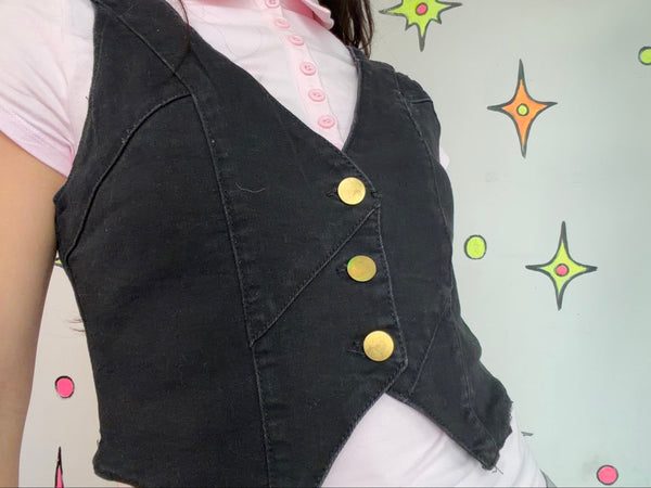 Y2K Black Denim Tailored Vest Indie Sleaze Mall Goth Academia Cropped M