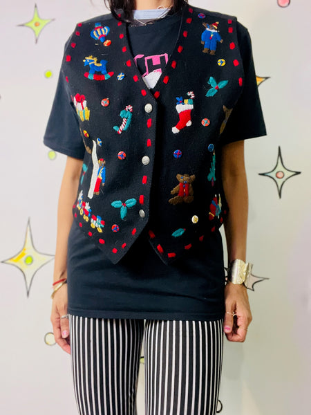 Vintage 80s 90s Patchwork Embellished Ugly Christmas Sweater Xmas Party Vest – M