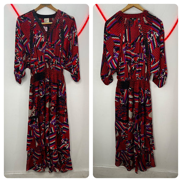 Vintage 80s | Diane Freis Red Silky Abstract Flowy Goddess Secretary Dress | S M