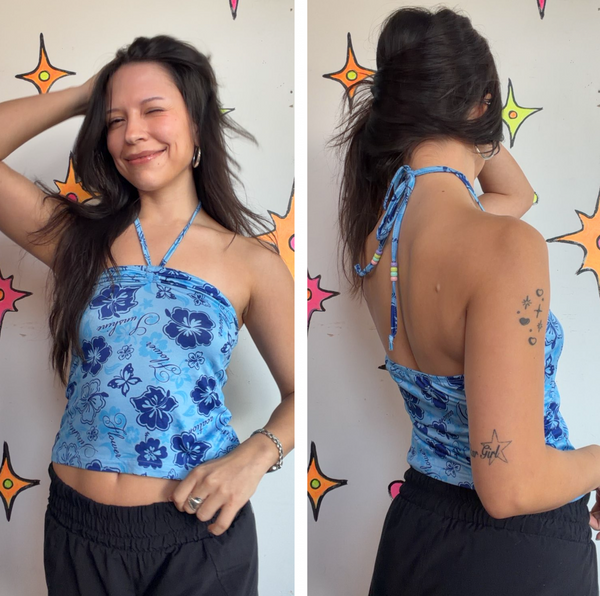 Y2K Tropical Halter Top | Hawaiian Floral Resort McBling Summer Crop Top S