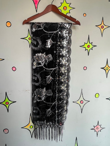 Vintage Black & Red Velvet Fringe Shawl Western Boho Flapper Witchy Goth Scarf