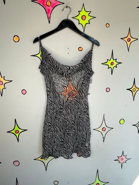 Y2K Zebra Print Sheer Slip Dress | Indie Sleaze Glam Boho Mini Dress SM