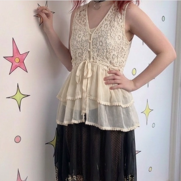 Vintage Y2K Off White Crochet Fairy Grunge Top Boho Emo Coquette Soft Girl - S