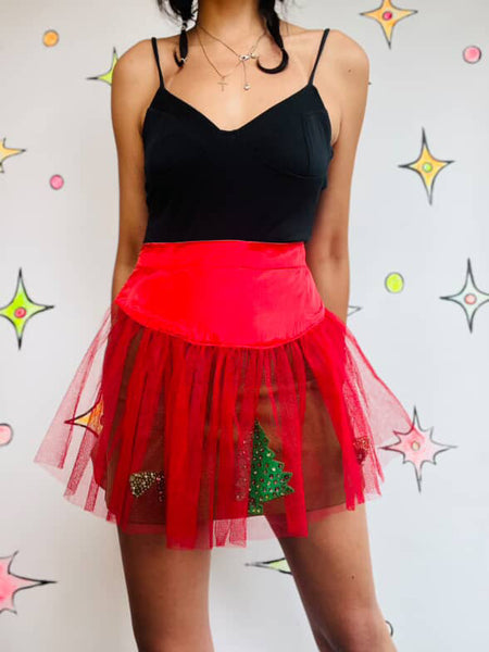 Vintage 1950s Sheer Red Christmas Apron Sequin Holiday Hostess Pin-Up Apron - SM